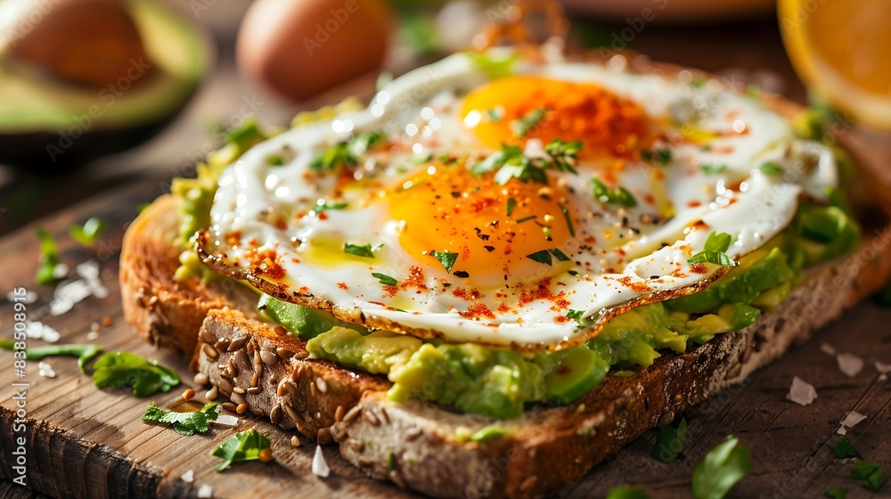 Close-up of avocado toast topped with egg slices, garnished with spices Close-up of avocado toast topped with egg slices, garnished with spices