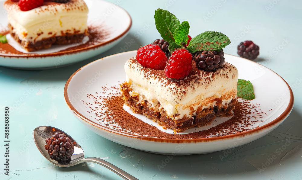 Delicious Tiramisu Dessert with Fresh Berries and Mint on Plate, Light Blue Background, Elegant Plating, Morning Sweet Food Treat Delicious Tiramisu Dessert with Fresh Berries and Mint on Plate, Light Blue Background, Elegant Plating, Morning Sweet Food Treat