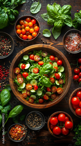 Fresh Ingredients for Healthy Vegetable Salad in Rustic Setting with Tomatoes, Cucumbers, Basil on Wooden Table, Ideal for Diet and Nutrition Concepts