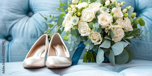 Minimalistic composition: bridal bouquet of white roses, eucalyptus tree branches, sempervivum, scabiosa and blue ribbons on shoes of the bride near it photo