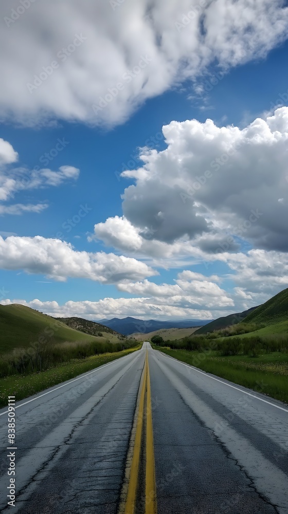 Naklejka premium Empty Country Road Leading Through Rolling Green Hills On A Sunny Day. Generative AI