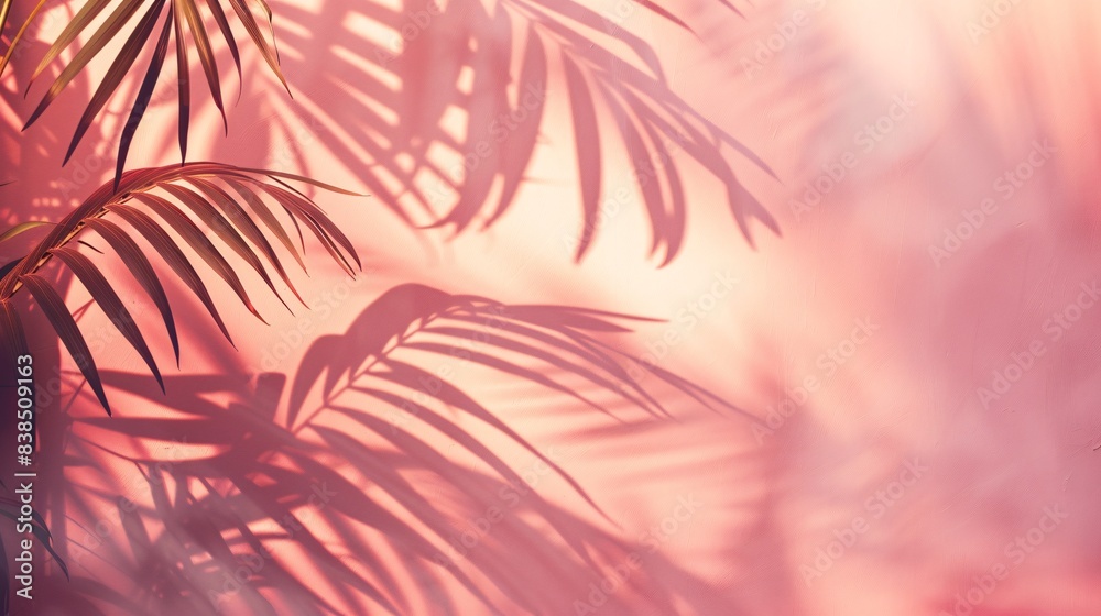 Blurred shadow from palm leaves on the light pink wall. Minimal abstract background for product presentation. Spring and summer. Blurred shadow from palm leaves on the light pink wall. Minimal abstract background for product presentation. Spring and summer.