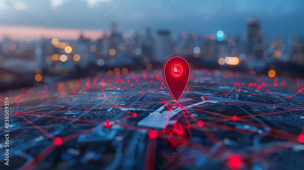 Urban cityscape with a red map pin and web of connections, indicating city destination and technological network, sleek, contemporary Urban cityscape with a red map pin and web of connections, indicating city destination and technological network, sleek, contemporary