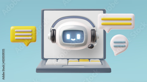 Chatbot support, 3D robot head on laptop with speech bubbles.