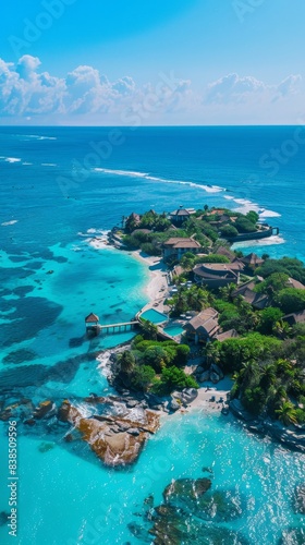 an aerial view of a tropical island with a small beach 
