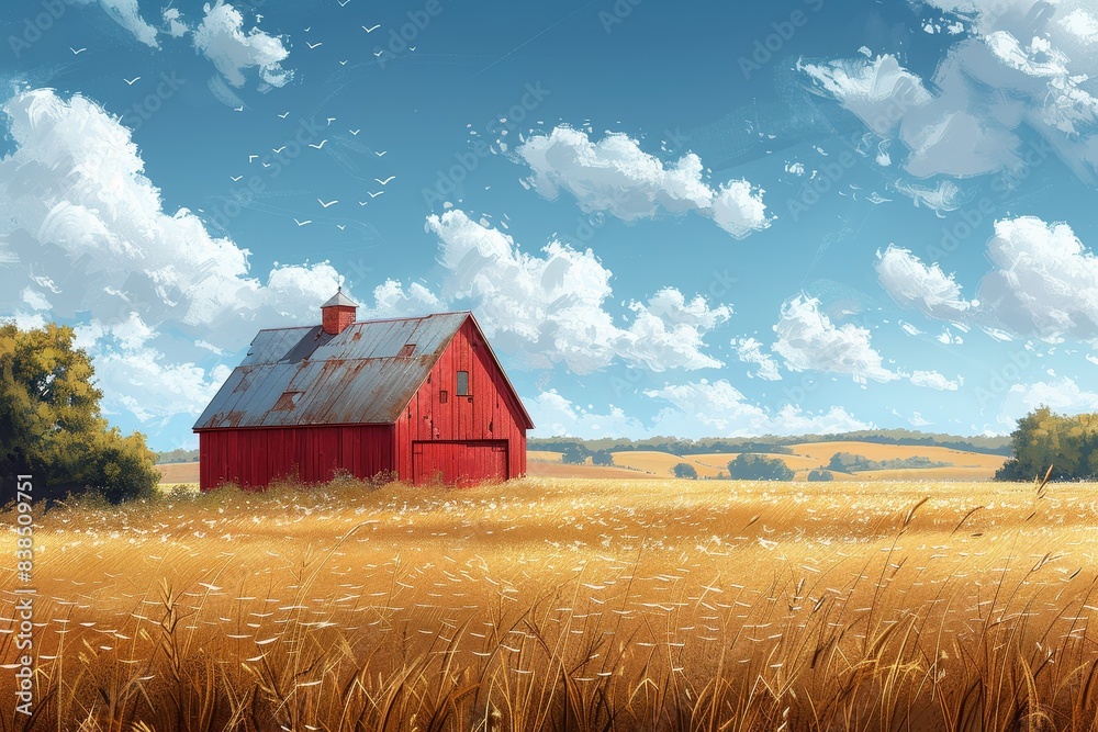 Digital artwork of a traditional red barn in a golden wheat field with birds in the sky, conveying the essence of rural America Digital artwork of a traditional red barn in a golden wheat field with birds in the sky, conveying the essence of rural America