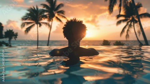 Swimming in paradise a person silhouetted in a pool with palm trees at sunset © SHOTPRIME STUDIO
