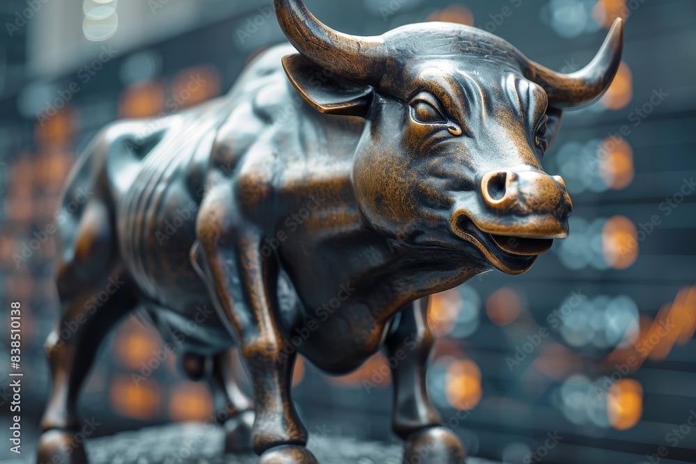 Detailed close-up of a bronze bull statue with a blurred background, demonstrating strength and financial growth Detailed close-up of a bronze bull statue with a blurred background, demonstrating strength and financial growth