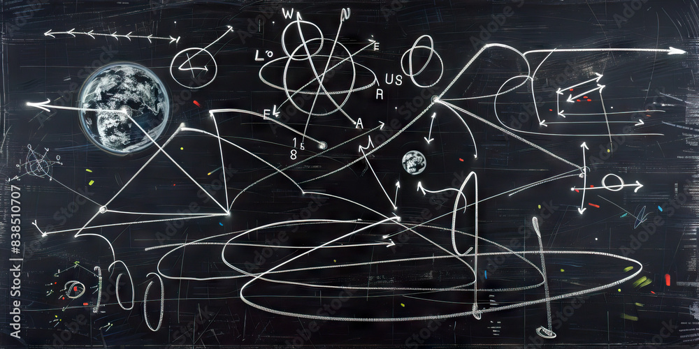 Naklejka premium Gravitational Graffiti: A blackboard, covered in illegible scribbles and arrows