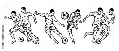 Vector set drawing of Soccer player kicking ball, abstract isolated vector 