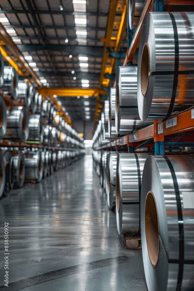 Obraz premium Aluminum or stainless steel coils on metal racks and shelves in an industrial warehouse. This image is suitable for displaying the scale of production, storage and industrial materials.