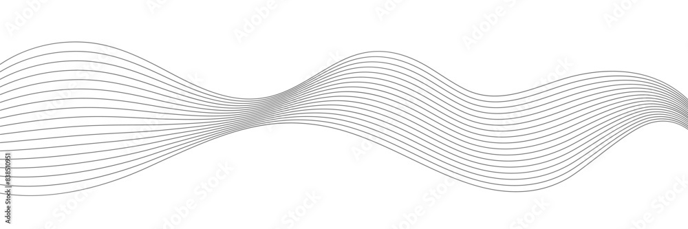 Thin wavy line abstract background. Wavy line horizontal divider outline minimalist background. Abstract black lines wave curve motion on white background. Vector Illustration.