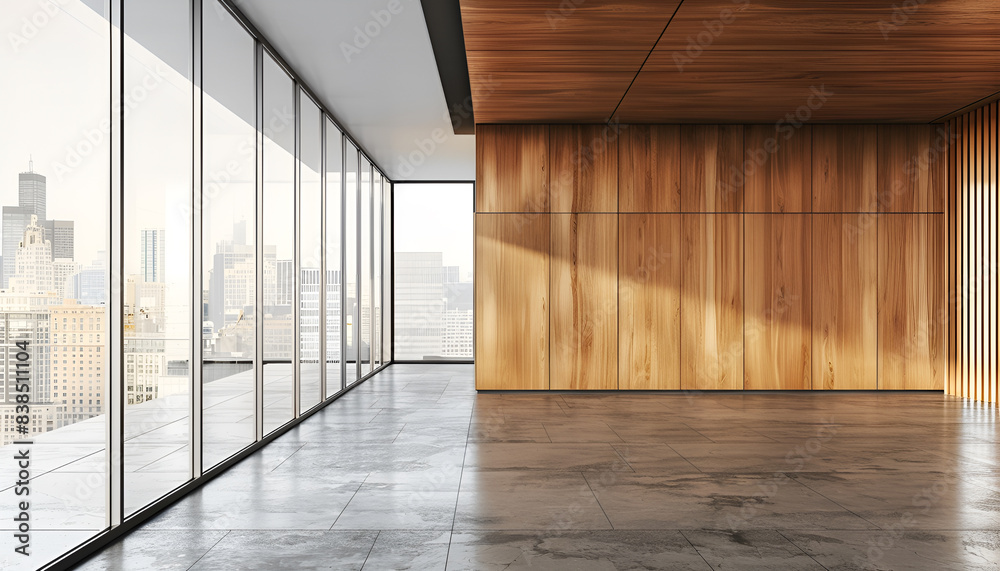 Fototapeta premium modern empty wooden office wall with right side glass windows no in center