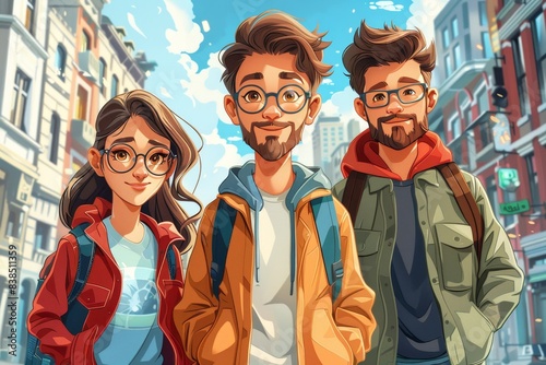 Digital depiction of three trendy young adults in casual urban fashion with a city street background