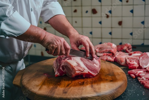 Butcher slices meat on wood, tiled wall background, visible tattooed wrist.