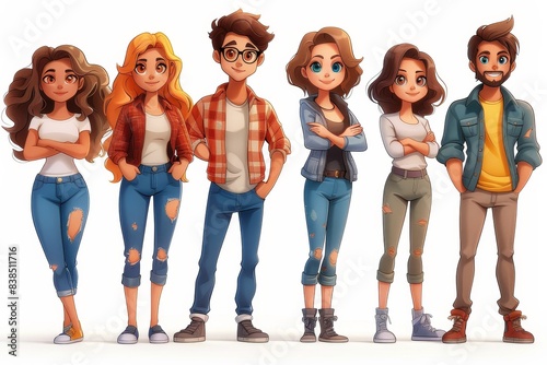 Six young persons in casual clothes exuding confidence and youthful energy in an animated style