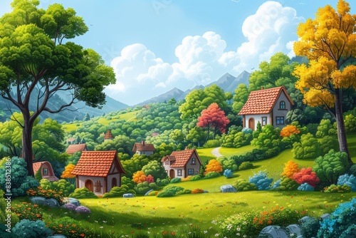 Vibrant illustration of a picturesque village with colorful houses and lush greenery in a serene landscape