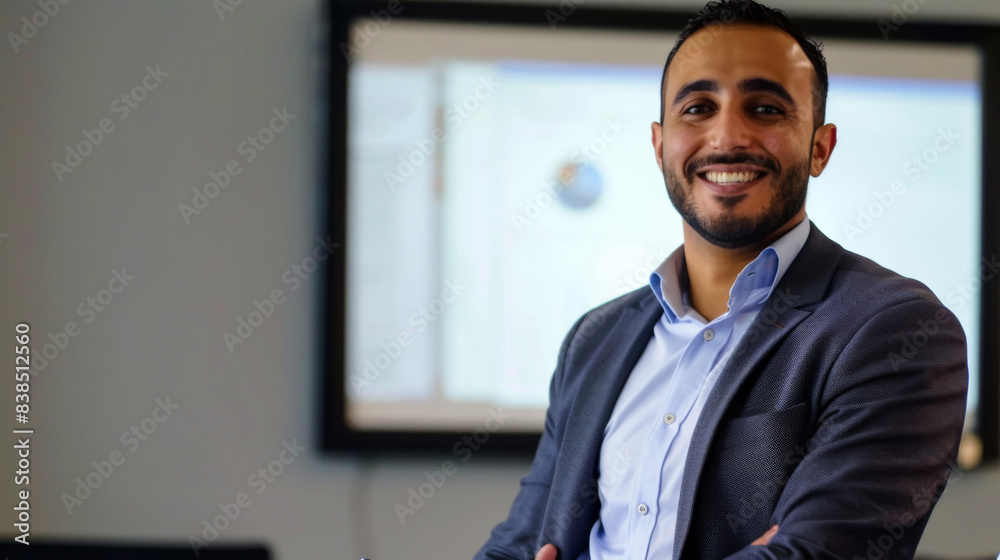 Happy Arab man speaking at a conference in a boardroom in a modern office. A young man of Muslim appearance works in a bright office. Public speaking concept. Happy Arab man speaking at a conference in a boardroom in a modern office. A young man of Muslim appearance works in a bright office. Public speaking concept.