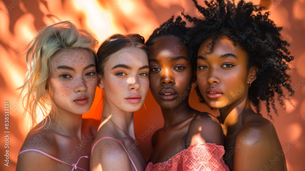 Fototapeta premium Portrait of multiracial women looking at the camera on a sunny day against a bright background. Beautiful women in casual clothes walk outdoors. Fashion, style and beauty concept.