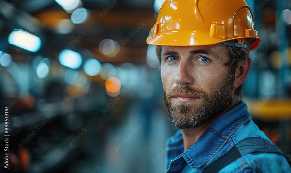 Portrait of a factory bearded employee worker in yellow safety helmet. Blurred background. Portrait of a factory bearded employee worker in yellow safety helmet. Blurred background.