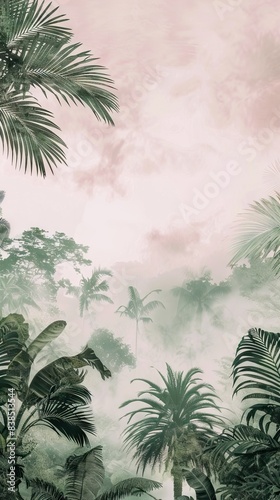 Tropical vintage botanical landscape illustration, palm tree, vegetable flower border background. Mural wallpaper. AI generated illustration © Gulafshan