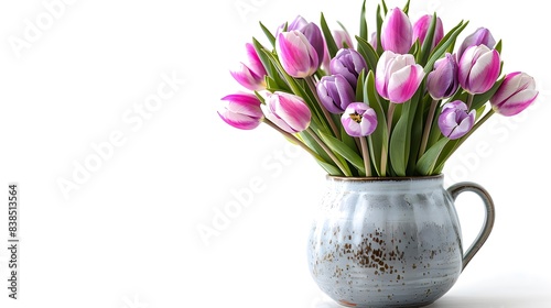 Wallpaper Mural Purple and White Tulips in Ceramic Vase, Minimalist Flower Arrangement, Spring Floral Display, Home Decor, Copyspace for Text, Fresh Blossoms Torontodigital.ca