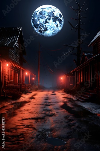 Night landscape of a village with a moon in the sky. 3d rendering