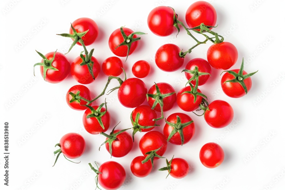 Cherry Tomatoes White Background. Red Ripe Tomatoes Isolated. Top View Food Photography