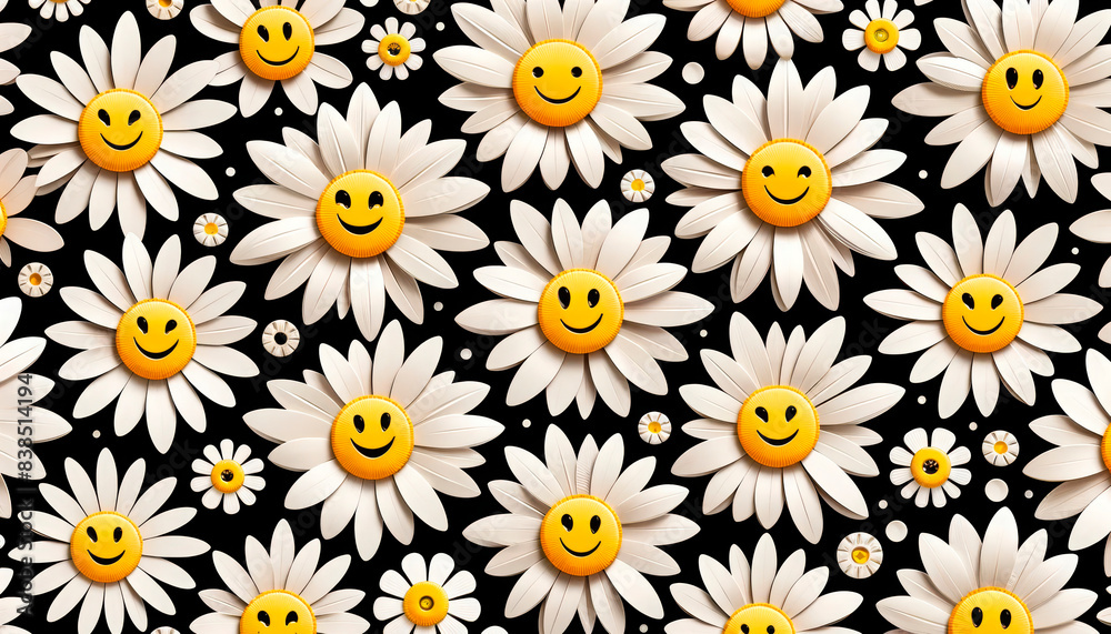 smiling Daisies on a black background. Ideal for spring themes, children's products, and cheerful decor. Suitable for greeting cards, textiles, and happy campaigns.
smiling Daisies on a black background. Ideal for spring themes, children's products, and cheerful decor. Suitable for greeting cards, textiles, and happy campaigns.