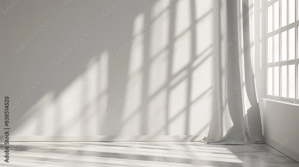 Obraz premium Minimalistic abstract gentle light grey background for product presentation with light and shadow of window curtains on wall.