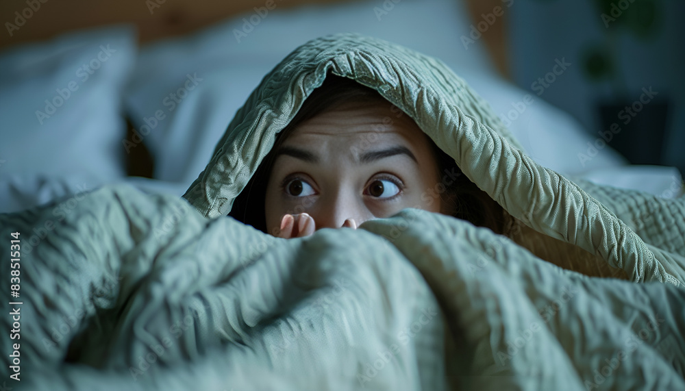 young woman wakes up in bed, eyes frightened, hiding in blanket young woman wakes up in bed, eyes frightened, hiding in blanket