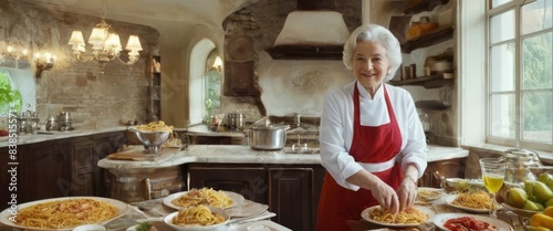 A heartwarming scene of an elderly woman joyfully preparing various traditional Italian pasta dishes in a rustic kitchen.