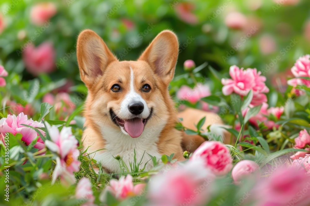 Dog In Flowers. Cute Puppy Corgi Lying Among Pink Peonies, Green Meadow, and Happy Smiles Dog In Flowers. Cute Puppy Corgi Lying Among Pink Peonies, Green Meadow, and Happy Smiles