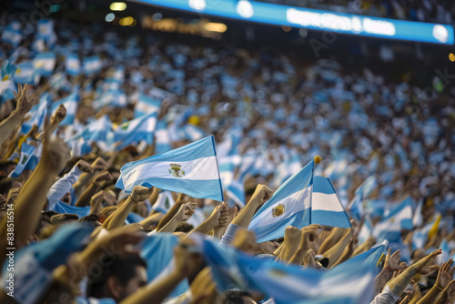 Argentine football soccer fans in a stadium supporting the national team, Albiceleste, Gauchos 
