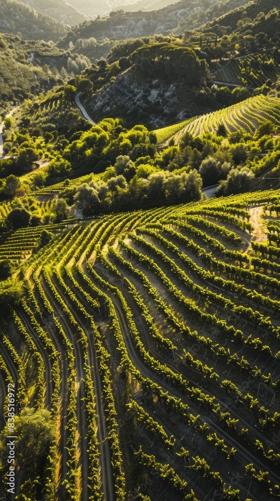 Fototapeta premium an aerial view of vineyards in the mountains 