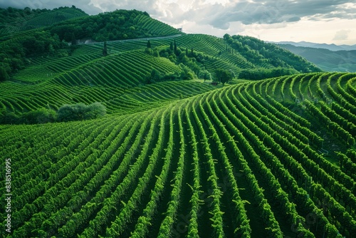 a vineyard field with rows of green plants 