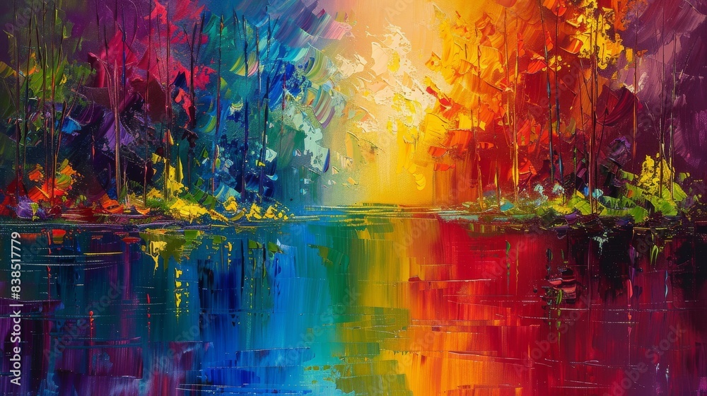 Naklejka premium abstract oil painting of rainbow colors trees