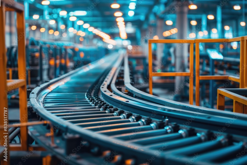 Factory Conveyor Belt. Roller Chain Conveyor with Containers in Motion for Manufacturing and Industry Factory Conveyor Belt. Roller Chain Conveyor with Containers in Motion for Manufacturing and Industry