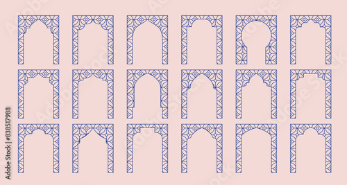 Arabic oriental frame, arc, door. Luxury thin line muslim windows, gates. Vector clipart