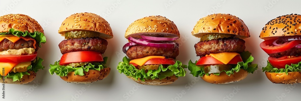 Row Assortment of Gourmet Burgers with Diverse Toppings in line-up Row Assortment of Gourmet Burgers with Diverse Toppings in line-up