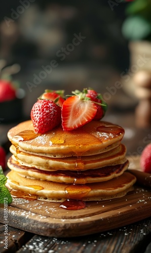 Stack of pancakes topped with strawberries and dripping syrup on rustic wooden table