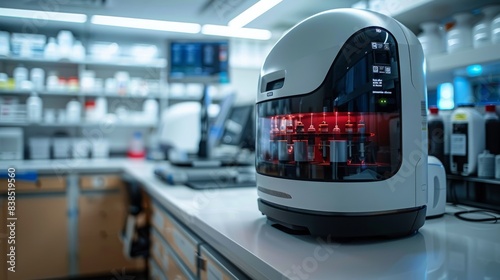 A close-up of a Costaposta robot in a modern laboratory setting, showcasing its automation of blood testing procedures. photo