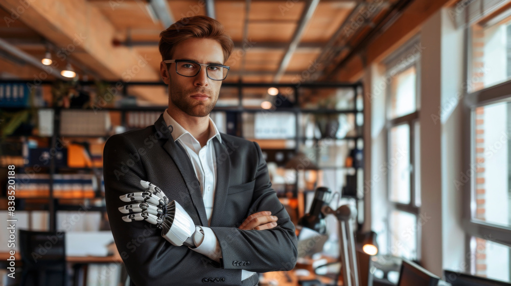 A man in a suit with prostetic robotic arms crossed standing near bookshelves, AI A man in a suit with prostetic robotic arms crossed standing near bookshelves, AI