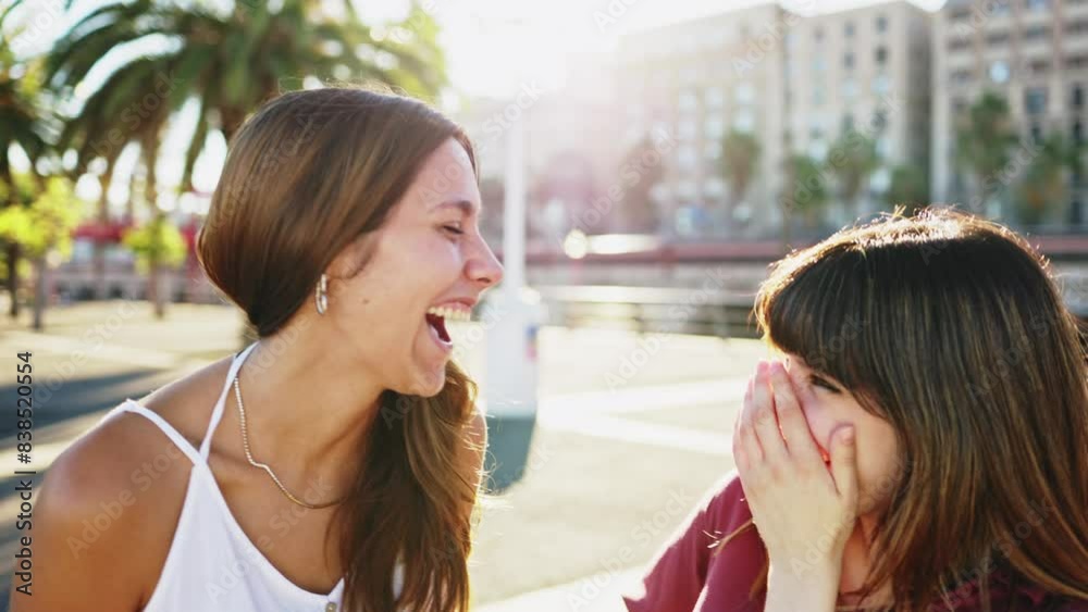 Two friends laughing together enjoying a sunny summer day. Concept of travel, holidays and friendship Two friends laughing together enjoying a sunny summer day. Concept of travel, holidays and friendship