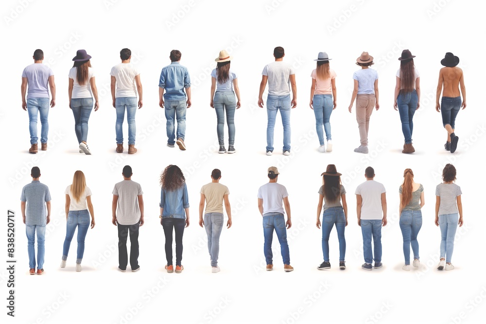 A diverse casually dressed people, captured from behind, walks against a white background A diverse casually dressed people, captured from behind, walks against a white background