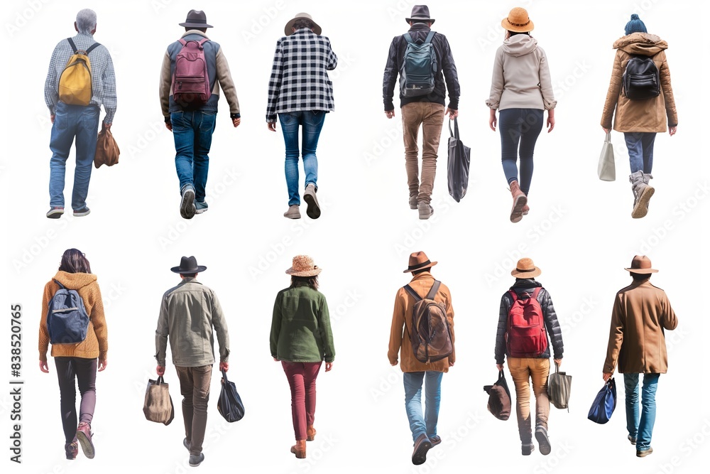 Fototapeta premium A diverse people walks with bags and hats against a white background, showcasing urban style