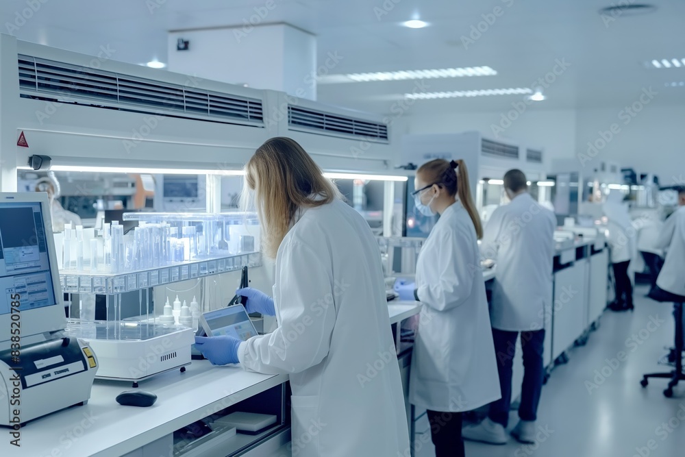 Obraz premium Scientists in modern laboratory conduct research, analyzing samples and advancing medicine with cutting-edge technology