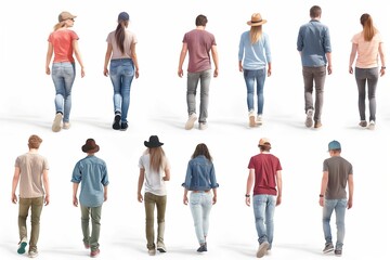Diverse group of people in casual attire, viewed from behind, walking isolated on white