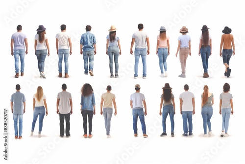 A diverse casually dressed people  captured from behind  walks against a white background