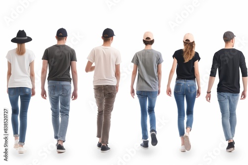A group of young adults in casual attire  standing in a line against a white background